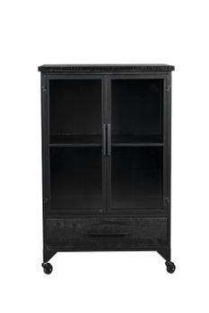Vitrina de acero y madera negra con ruedas bloqueables h 105