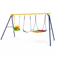 costway juego de columpio exterior metalico con hamaca y dos columpios para ninos de 3 a 10 anos espacio amplio para jardin 346 x 182 x 186 cm azul y amarillo