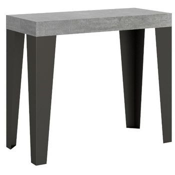 Consola Extensible Diseño Flavio En Madera Y Hierro 90x40/196 O 90x40/300 Cm-color Gris Cemento-soporte 2 Pies-5 Alargaderas Finas