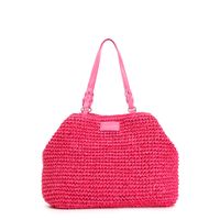bolso tote de croche con charm de corazon de colores y borde de rafia hot pink taglia unica