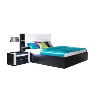 Cama Con Canapé 160 Cm Negro Y Blanco Brillante Con Acabado En Cuero Sintético Negro.