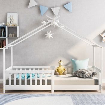 Cama Cabaña Infantil De Madera Maciza Blanca Con Somier De Lamas Y Barrera De Seguridad 90x200 Cm