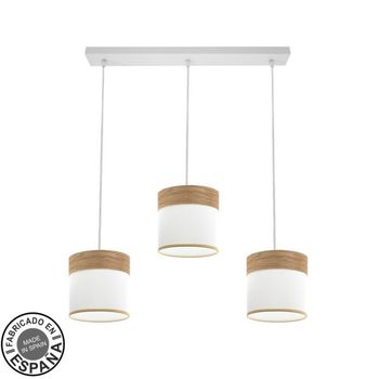 Regleta FABRILAMP Cloe 3xE27 para iluminación interior decorativa, diseño moderno en blanco, textil y madera clara, pantallas regulables en altura