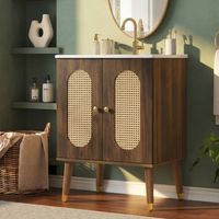 mueble de bano de pie de 61 cm con lavabo ceramico y puertas de ratan