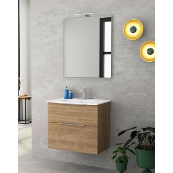 Comet Mueble De Baño Suspendido Fondo Reducido | 2 Cajones Con Cierre Amortiguado Y Lavabo Cerámico | 60-80cm | 80 Cm - Roble Natural - Cromo Brillo