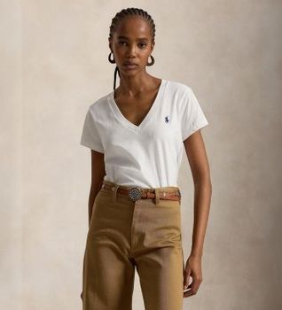 Polo Ralph Lauren para mujer. 211B14611007 Camiseta cuello pico blanco (M), Casual, Algodón, Manga corta