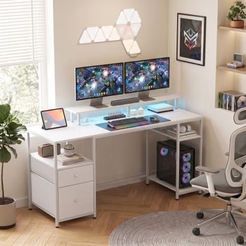 Mesa De Escritorio Blanca Con Led Ajustable, Enchufes, Usb Y Soporte Para Monitor