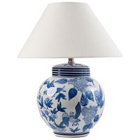 lampara de mesa elegante con base de porcelana con diseno floral pantalla de campana de lino iluminacion blanco y azul arunca
