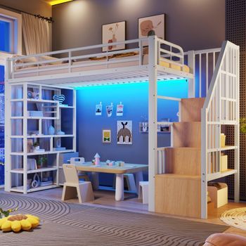 Litera Alta Infantil De 90 X 200 Cm Con Estructura De Metal Y Mdf, Escalones Y Led