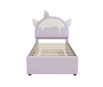 Cama infantil 90x200cm con cama nido 90x190cm - cabecero en forma de unicornio con led - en polipiel - lila claro