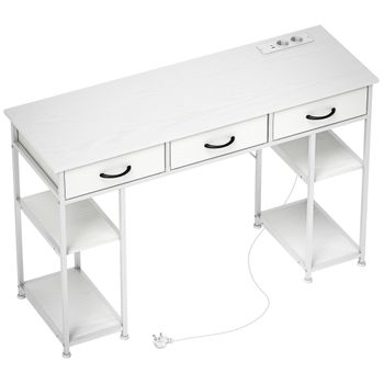HOMCOM Escritorio con Almacenamiento con Enchufes de Corriente, 3 Cajones de Tela y 4 Estantes de Almacenamiento, 120x40x76 cm, Blanco