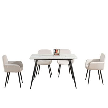 Conjunto de mesa efecto mármol blanco y 4 sillas de tela beige