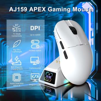 AJAZZ AJ159 APEX Ratón Inalámbrico para Juegos con Base de Carga Magnética RGB, Diseño Ligero de 56 g, 2.4G/USB-C/BT, Batería de 400 mAh, 42K DPI, Frecuencia de Respuesta de 8000Hz, Compatible con PC