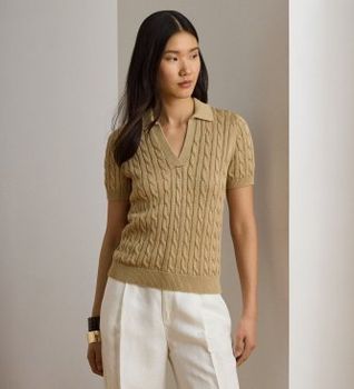 Lauren Ralph Lauren para mujer. 200P14041006 Jersey de algodón en punto de ochos beige (XL), Casual, Manga corta