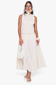 Vestido Midaxi De Cuadros Vichy Fruncido Con Caída En La Cintura, Beige