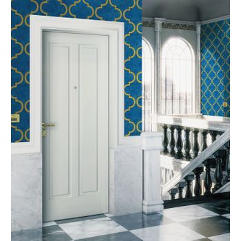Papel Pintado Vinílico Lavable Geométrico En Relieve Estilo Finlandés Azul Y Dorado - Helsinki Ornaments 676319 De Gaulan - Rollo De 10 M X 1,06 M