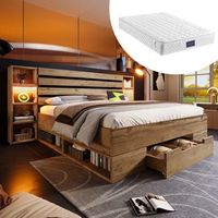 cama doble madera maciza 160x200 cm cabecero almacenamiento iluminacion led puerto usb-c cajones somier lamas madera con colchon