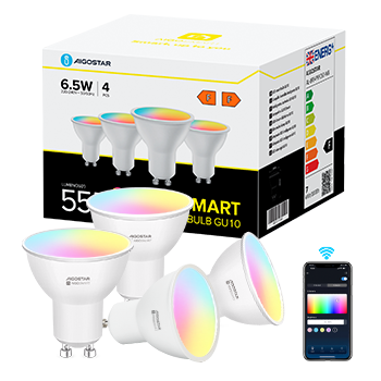 Aigostar Bombilla Inteligente LED GU10 SL2 Bombillas Alexa 6.5W Bombilla Wifi RGB & 2700K-6500K Regulable, Controladas por APP, Conexión rápida Compatible Con Google Home/Alexa, 4 pack