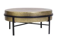 mesa de cafe tapa bronce y patas de metal en negro
