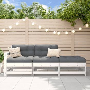 Conjunto De Sofás De Jardín 3 Uds | Mueble Jardin Mesa Y Sillas Y Cojines Madera Maciza Blanco Cfw783511