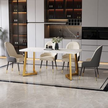 Mesa de comedor  con diseño de mármol y patas de metal dorado/blanco