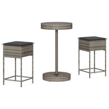 Juego De Bar De Jardín De 3 Piezas | Mueble De Jardín Con Cojines Ratán Pe Gris