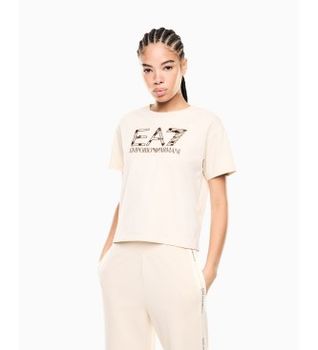 EA7 para mujer. 7W001096_AF21636 Camiseta de punto Logo Series beige (XS), Casual, Algodón, Manga corta