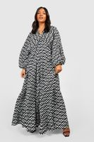 vestido plus maxi escotado con estampado geometrico negro
