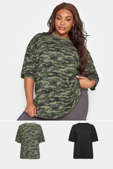 Yours Juego 2 Camisetas Algodón: Camuflaje Y Negra, Mujer Curvy Y Tallas Grandes, Yours