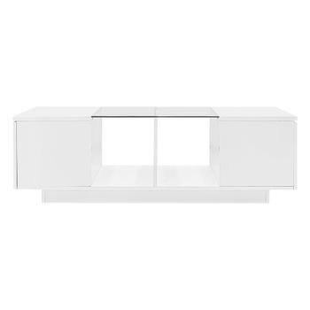 Mesa De Centro Con Led Multicolor - 2 Puertas Abatibles Y Estante De Cristal - Blanco