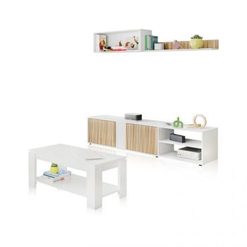 Pack Salón Con Mesa De Centro Alix Plus Blanco Artik (blanco Mate) - Natur 180 X 40 X 33 Cm
