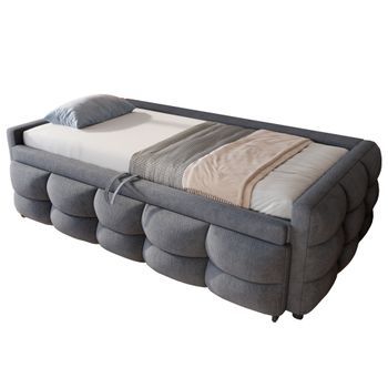 Cama Plegable 90/180x190, Doble, Con Cama Extraíble Y Somier De Láminas, Terciopelo De Peluche, Gris, Sin Colchonetas.