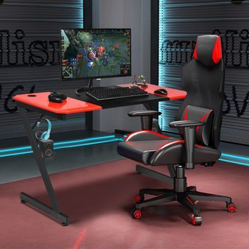 Escritorio De Gaming Superficie En Fibras De Carbono Forma De Z Para Ordenador Casa Oficina Negro Rojo 120x60x76 Cm Cfw99206