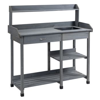 Outsunny Mesa de trasplante multi-equipada mesa de jardinería con cajón, 3 estantes, fregadero, de siembra madera pino preaceitado   Aosom España