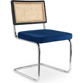 Silla De Comedor - Tapizada En Terciopelo - Madera Y Ratán - Hyre Azul Oscuro