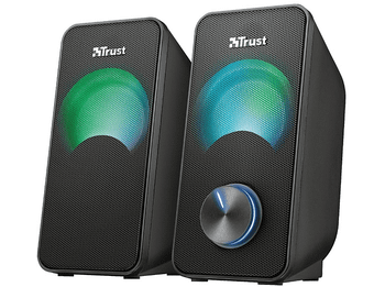 Altavoces para PC - Trust Arys RGB Compact, 2 unidades, LED RGB, 2.0 Canales, 12 W, USB, Jack 3.5mm, Negro