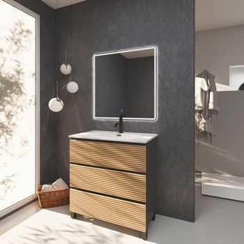Conjunto De Baño Yinu | 80 Cm Negro - Solomon | Tres Cajones | Lavabo Empotrado | Mueble Montado | No Incluye Espejo | Alday