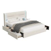 cama moderna 160x200 cm con iluminacion led integrada en el cabecero 4 cajones de almacenamiento acolchado grueso puertos usb dual y alas de cama estables color beige