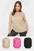 yours juego 3 camisetas manga larga negro rosa y beige mujer curvy y tallas grandes yours
