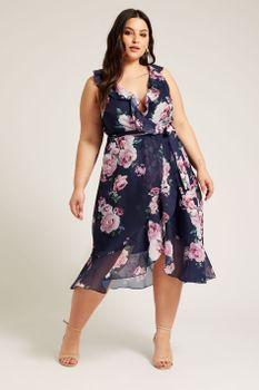 Yours London Vestido Con Volantes Sin Mangas Azul De Flores Rosas, Mujer Curvy Y Tallas Grandes, Yours London
