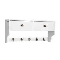 perchero de pared con 5 ganchos y 2 cajones madera blanco