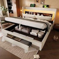 cama tapizada beige lino con almacenamiento hidraulico cabecero con almacenamiento led usbusb-c somier de lamas de madera 180x200 cm