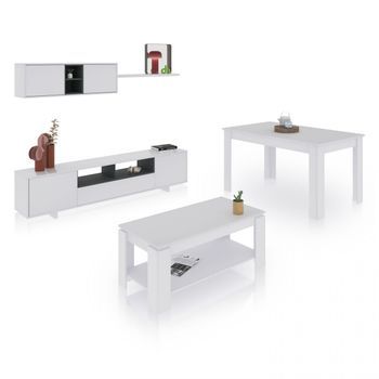 Pack Salón Con Mesa De Centro Y Mesa De Comedor Kenzo Max V1a Blanco Brillo - Gris Antracita 200 X 46 X 41 Cm