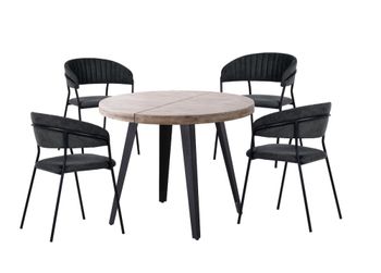 Mesa de comedor extensible de roble y 4 sillas de tela antracita