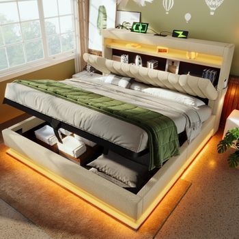 Cama De 160 X 200 Cm Con Cabecero Con Espacio De Almacenaje - Carga Usb Y Tipo C Con Led - Tejido De Lino - Beige (sin Colchón)