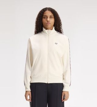 Fred Perry para mujer. J1106 Chaqueta de chándal con cinta deportiva blanco roto (36), Beige, Casual, Poliéster Reciclado, Sostenible