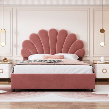 Cama De 140 X 200 Cm, Cabecero Ajustable Con Estampado Floral, Almacenamiento Hidráulico, Tapizado En Terciopelo Rosa, Sin Colchón Incluido