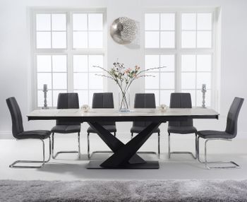 Jacob 180cm White Extending Ceramic Dining Table with Tarin Chairs - Grey, 6 Chairs