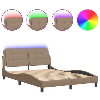 Cama Matrimonial | Cama Para Adultos | Estructura De Cama Con Led Cuero Sintético Capuchino 120x200 Cm