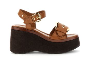 sandalias de cuña de piel con doble hebilla tan